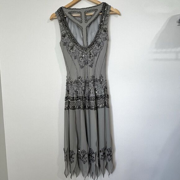 Sue Wong Silk Beaded Flapper Cocktail Dress Gray Lavender NWT Women’s 8 NEW - Picture 9 of 15